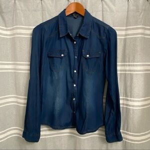 NEW LOOK / Dark Washed Lightweight Denim Pearl Snap Long Sleeve Shirt Size M